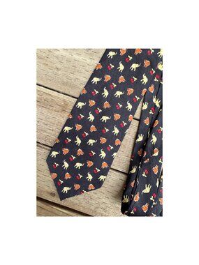 Vintage Linco Pure Silk Necktie Navy Blue Elephants Cherries 63.5 x 4"